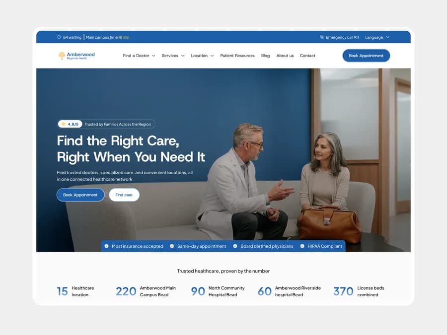 Amberwood Regional Health homepage hero - Find the Right Care with Book Appointment buttons, trust badges and hospital bed stats