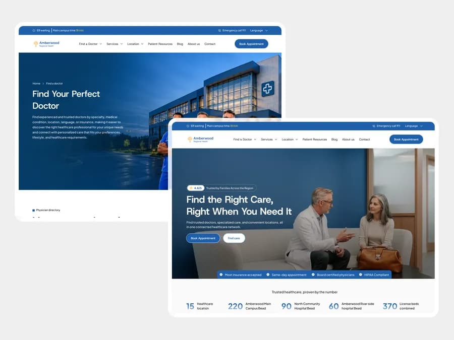Amberwood Regional Health layered hero designs - Find the Right Care homepage over the Find Your Perfect Doctor team hero