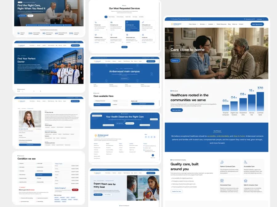 Amberwood Regional Health full website collage - Homepage, specialties, doctor profiles, medical blog and patient resources