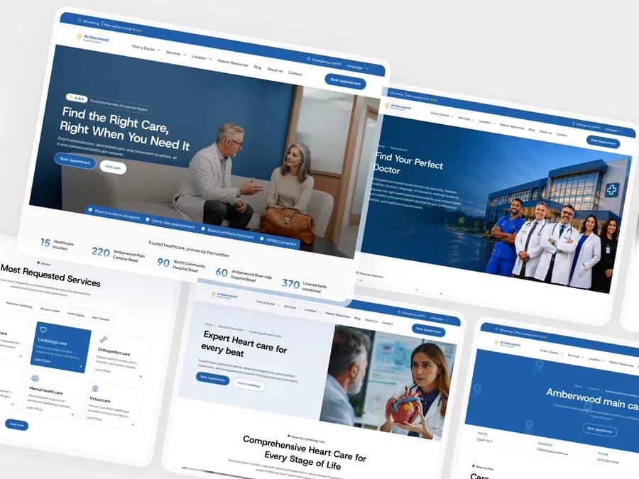 Amberwood Regional Health angled page collage - Homepage hero, doctor team, requested services and heart care