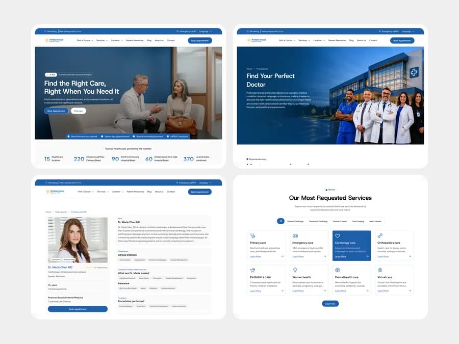 Amberwood Regional Health core pages - Homepage hero, Find Your Perfect Doctor, physician profile and requested services