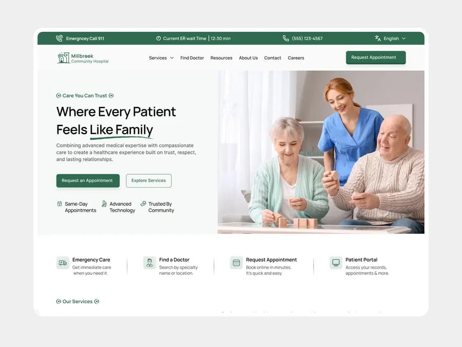 Millbrook Hospital homepage hero — Where Every Patient Feels Like Family headline with nurse and elderly patients, emergency bar and quick-access cards