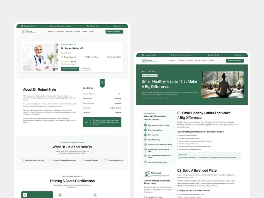 Millbrook Hospital care team pages — Dr. Robert Hale profile with At a Glance credentials beside Small Healthy Habits wellness guides