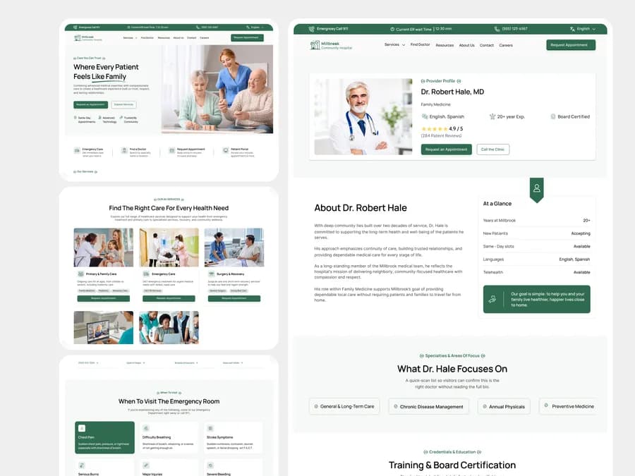 Millbrook Hospital physician spotlight — Dr. Robert Hale profile with What Dr. Hale Focuses On beside homepage, services and emergency minis