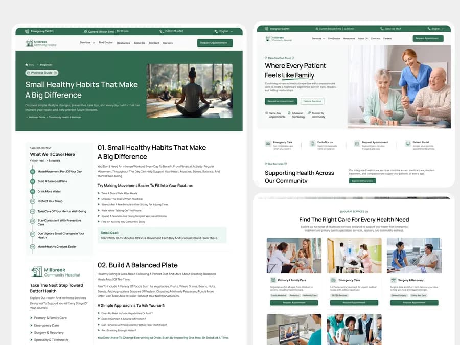 Millbrook Hospital resources hub — Small Healthy Habits wellness guides with table of contents beside the homepage hero and services grid