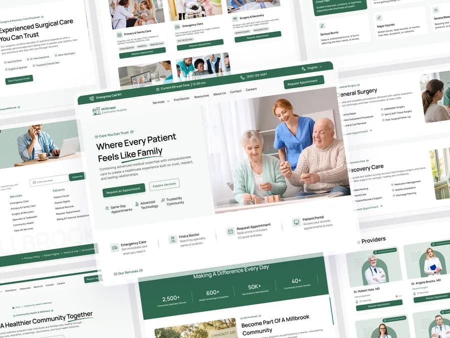 Millbrook Hospital homepage hero layered over services, emergency, surgery and provider pages with the nurse and elderly patients photo