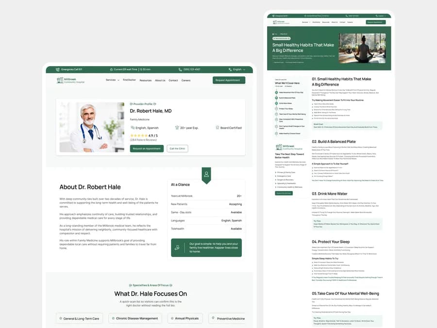 Millbrook Hospital doctor profile — Dr. Robert Hale Family Medicine with ratings, Board Certified badge and About details beside patient wellness guides