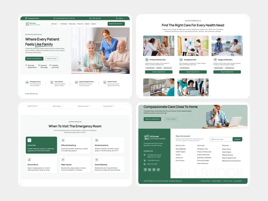 Millbrook Hospital page grid — homepage hero, Find The Right Care services, When To Visit The Emergency Room guide and Stay Connected footer