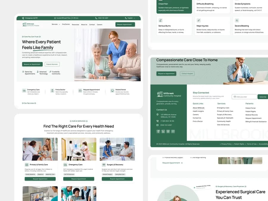 Millbrook Hospital care pages — homepage hero, emergency symptom guide, services grid, Stay Connected footer and Experienced Surgical Care spotlight