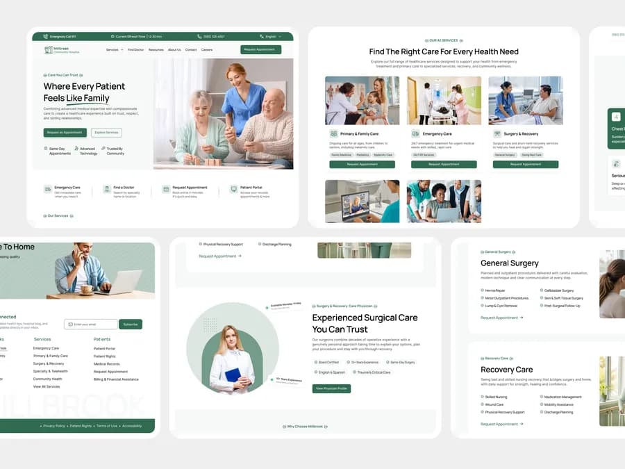 Millbrook Hospital specialty pages — homepage hero, services grid, Stay Connected footer, surgical care, General Surgery and Recovery Care