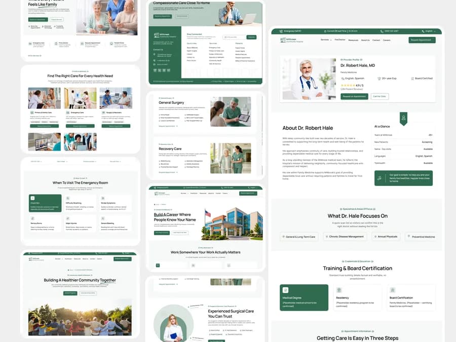 Millbrook Hospital patient journey — homepage, doctor profile, General Surgery, Build A Career With Us, community stories and three-step appointment strip
